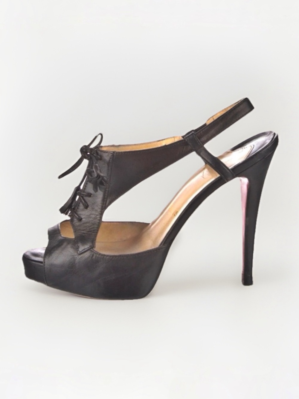 Christian Louboutin black leather lace up open toe platform slingback heels